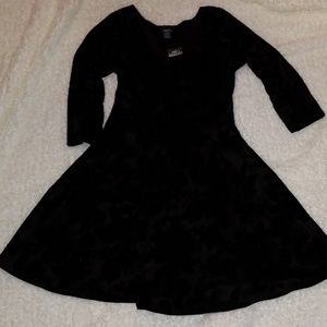 Velvet-like brocade floral long sleev skater dress